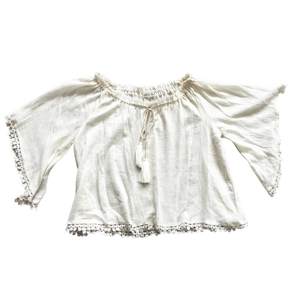 LOVE SHACK FANCY GAUZY SEMI SHEER TASSEL TRIM CREAM TOP BEACHY CHIC BOHO - Picture 1 of 10